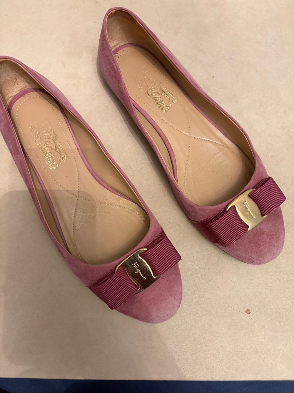 Salvatore Ferragamo Mauve Suede Vara Bow Flats with Gold Plaque